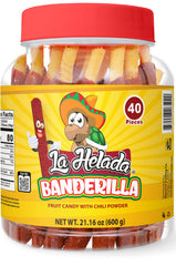 La Helada frasco frontal mostrando 40 banderillas sabor tamarindo y chile