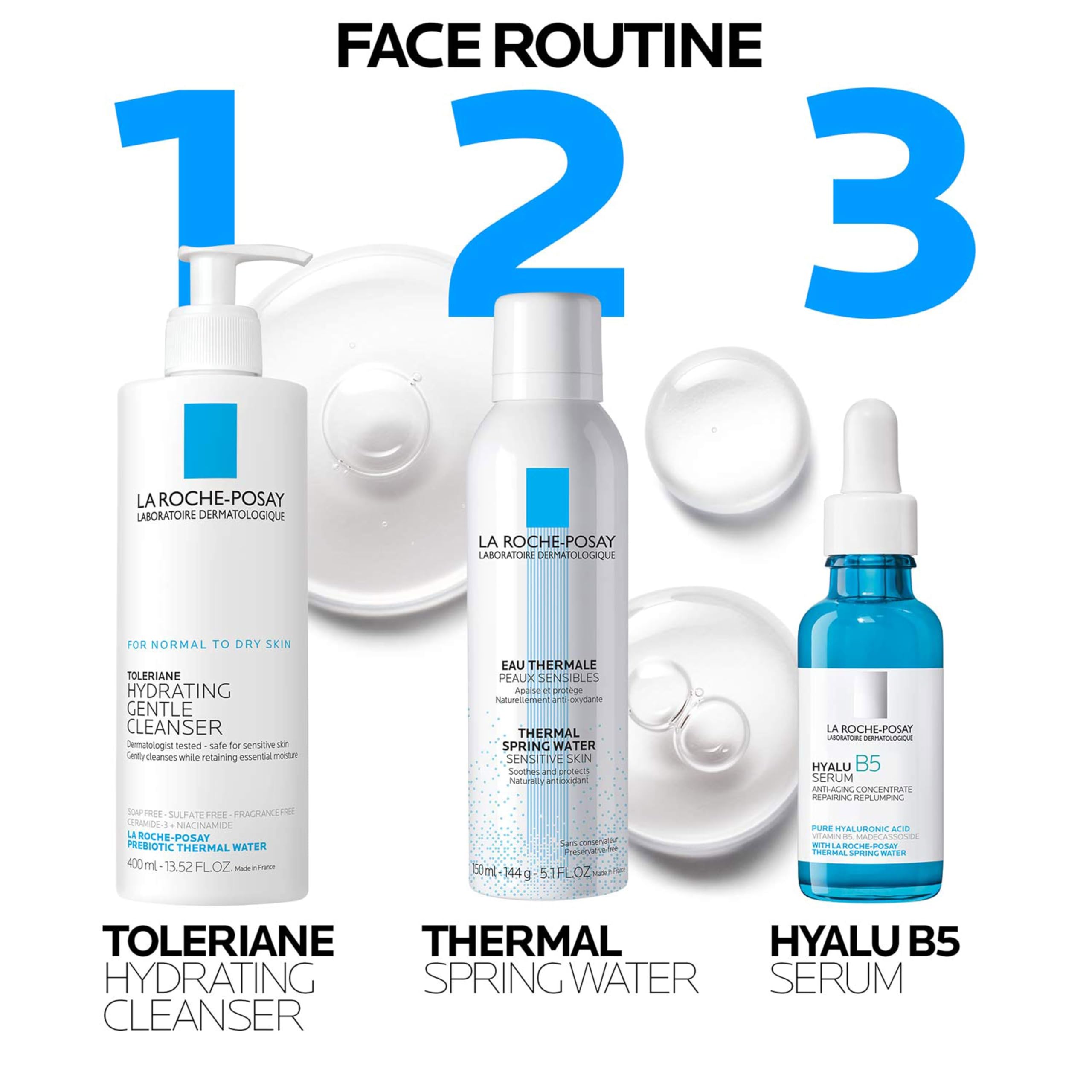 La Roche-Posay comparación de tamaño 300 ml junto a una mano para escala clara