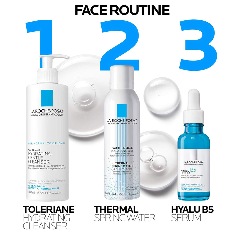 La Roche-Posay comparación de tamaño 300 ml junto a una mano para escala clara
