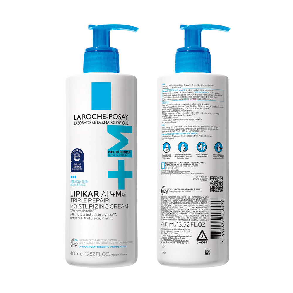 La Roche-Posay Lipikar AP+MAX etiqueta con ingredientes claves para reparar piel