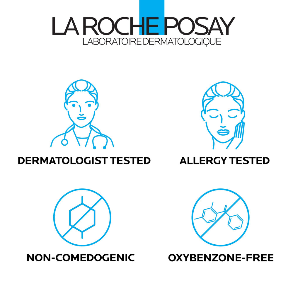 La Roche-Posay envase junto a objetos de bolso para visualizar tamaño de viaje