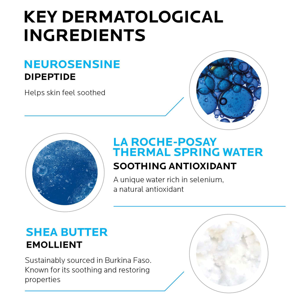 La Roche-Posay textura cremosa detallada, hidratación ligera y rápida absorción