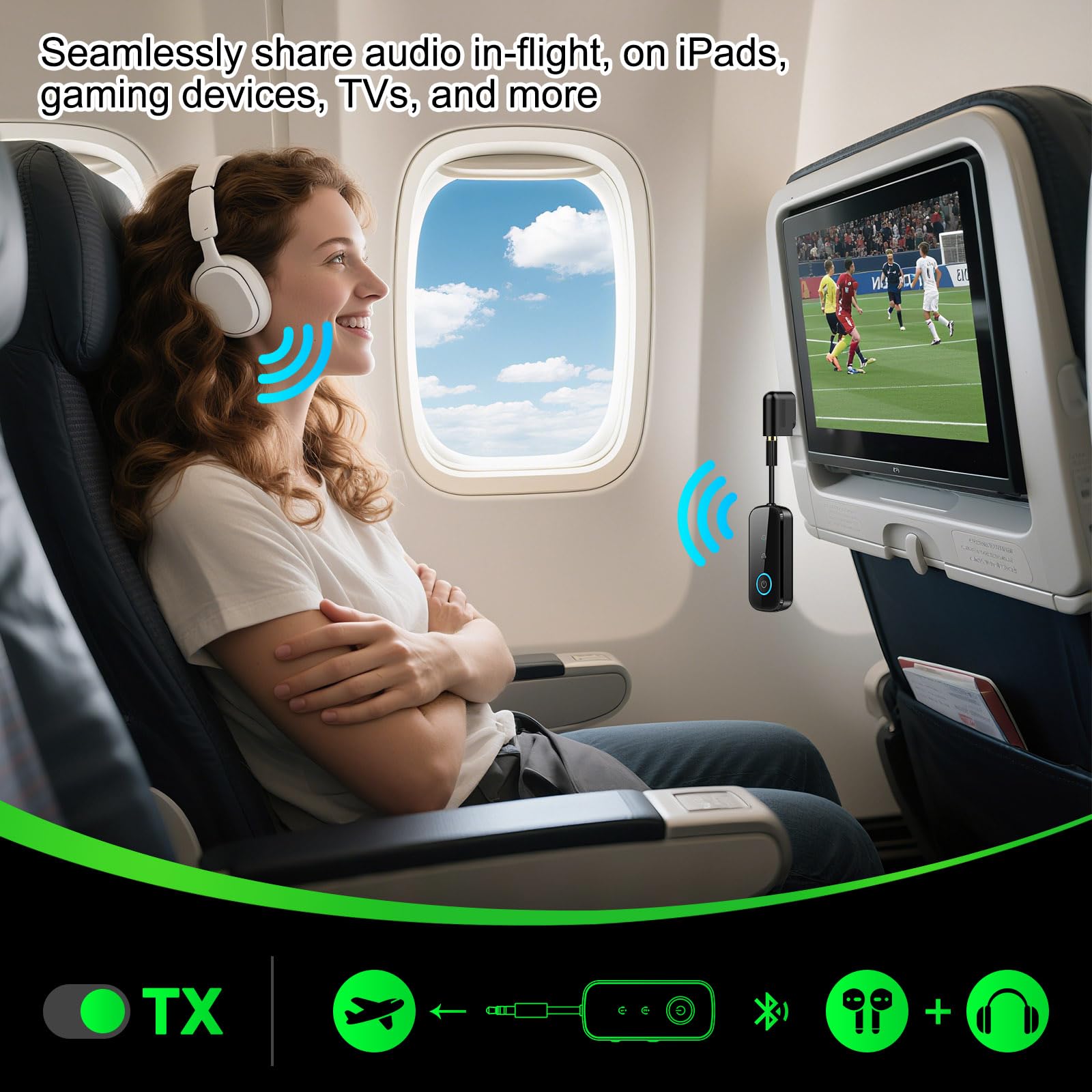 LAICOMEIN transmitiendo audio a dos auriculares inalámbricos compartidos en vuelo