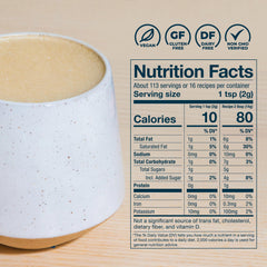 Laird Superfood bolsa junto a taza para comparar tamaño y rendimiento