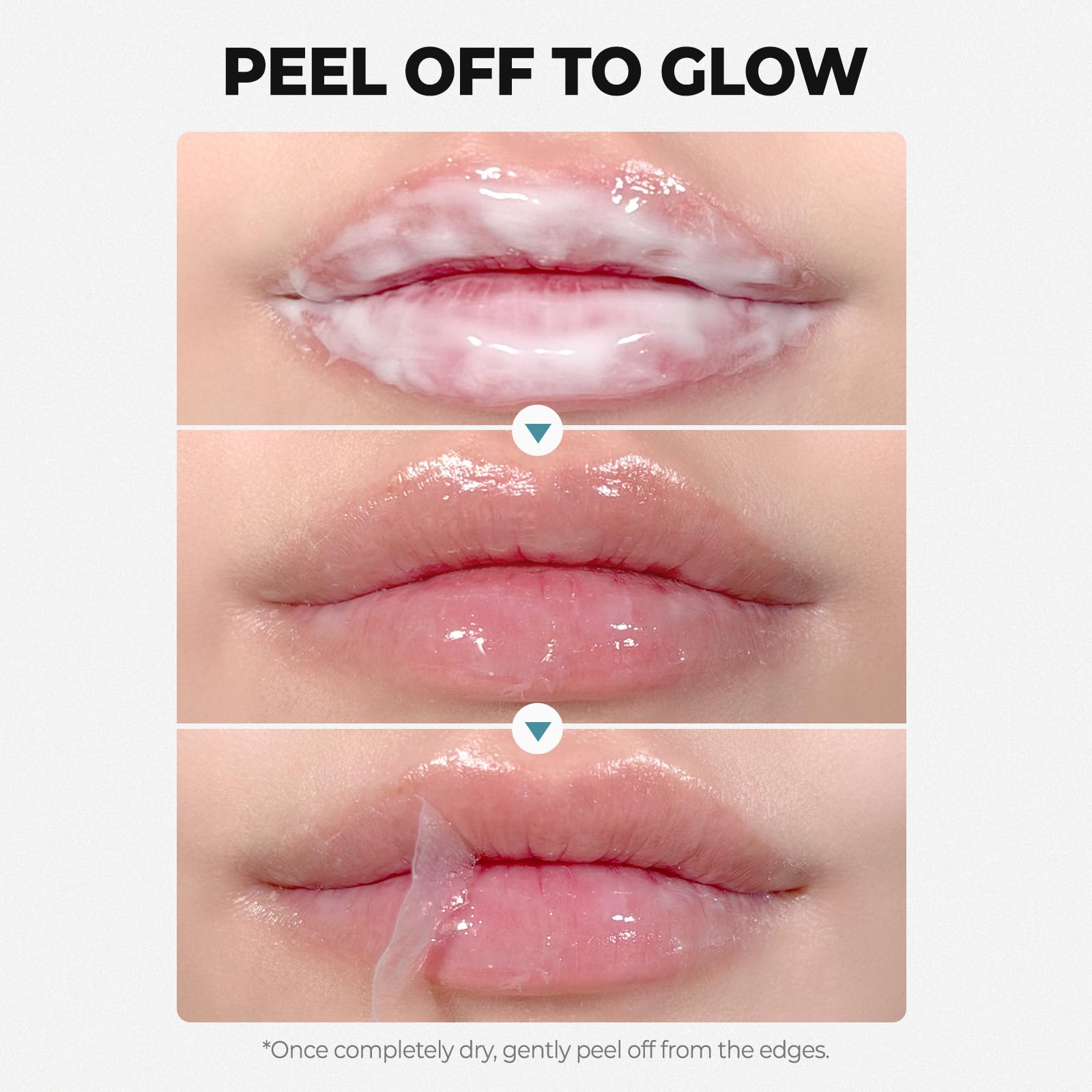 Laka máscara peel-off despegada en mano, muestra eliminación suave de piel muerta