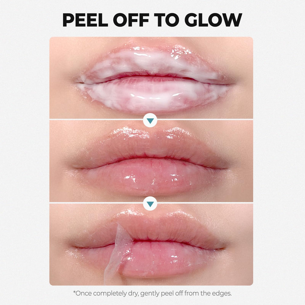 Laka máscara peel-off despegada en mano, muestra eliminación suave de piel muerta