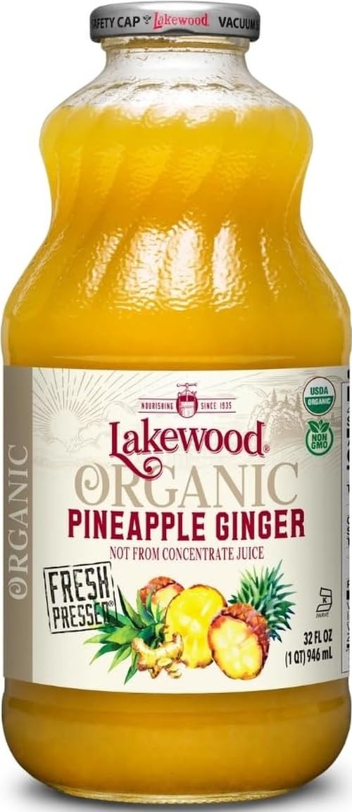 Lakewood botella frontal de piña y jengibre mostrando el envase y sabor