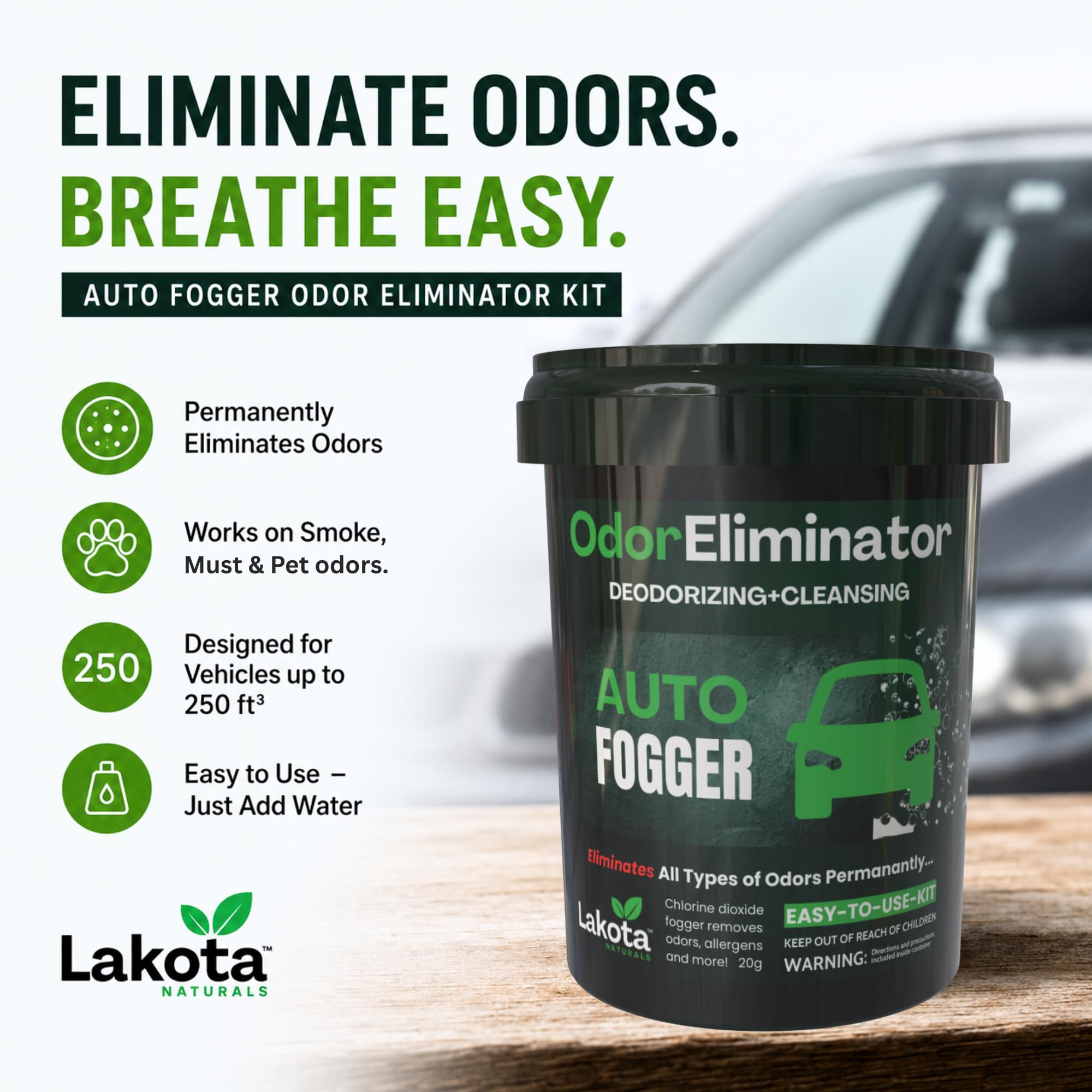 Lakota Naturals niebla dentro de coche ilustrando difusión rápida y alcance en tapicerías