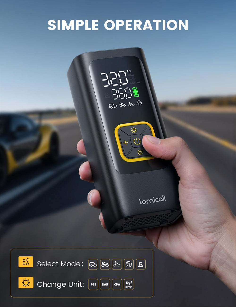 Lamicall comparación de tamaño junto a una mano para visualizar portabilidad