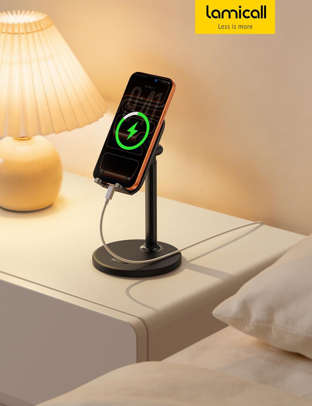 Lamicall comparación de tamaño con un teléfono para referenciar dimensiones