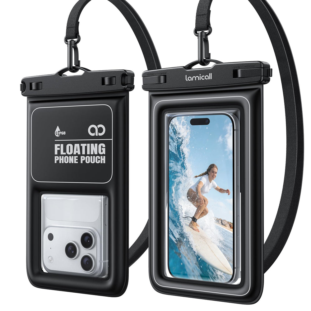 Lamicall vista frontal del pack de 2 fundas impermeables mostrando cierre seguro y diseño