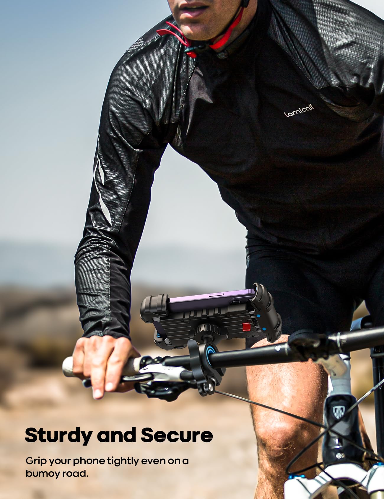 Lamicall soporte montado en manillar de bicicleta demostrando estabilidad en ruta