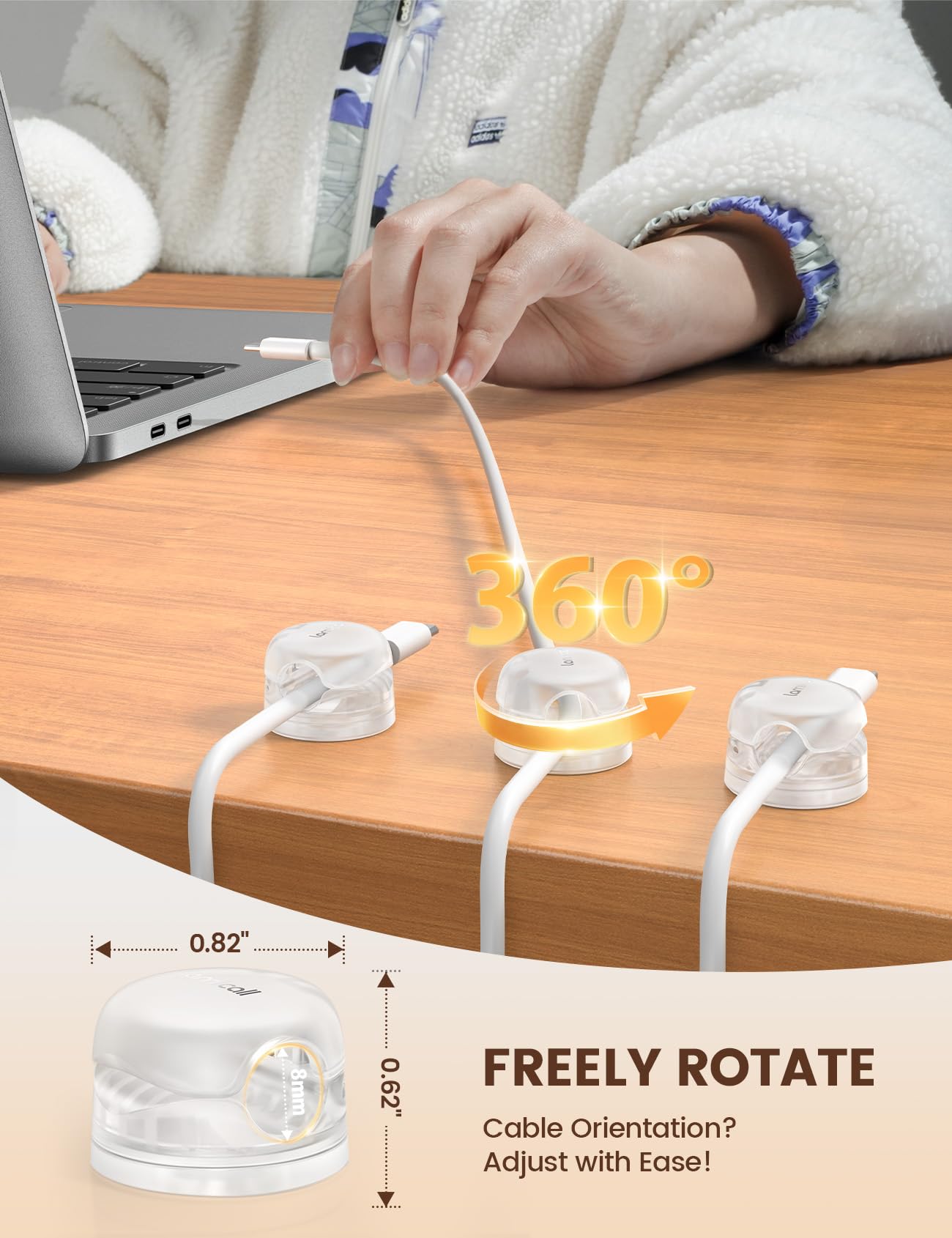 Lamicall clips usados en un escritorio manteniendo cables ordenados y accesibles