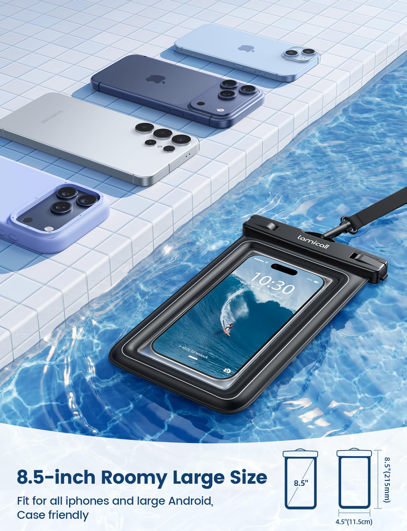 Lamicall funda en uso durante snorkel con teléfono protegido y accesible