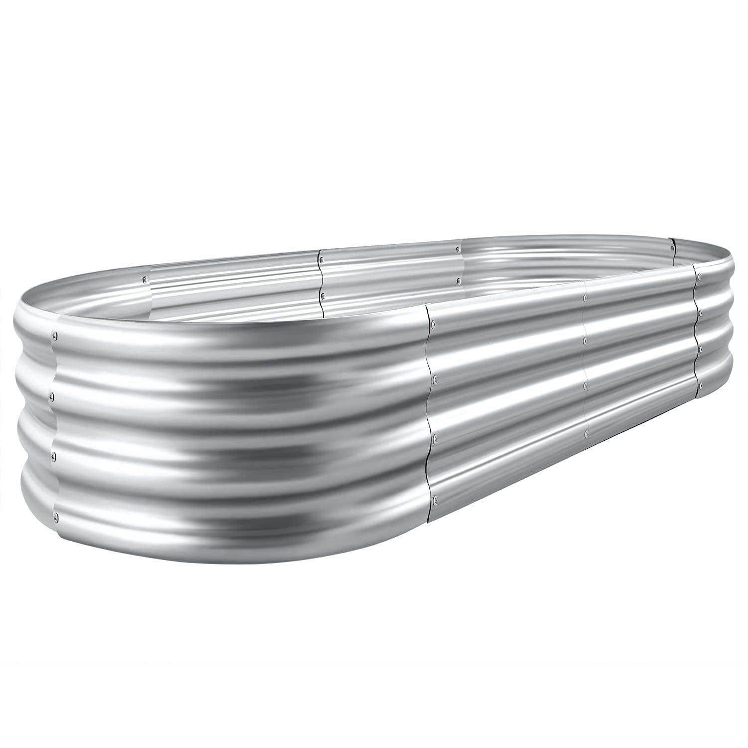 Land Guard front view of oval galvanized raised garden bed showing clean modern finish and durability