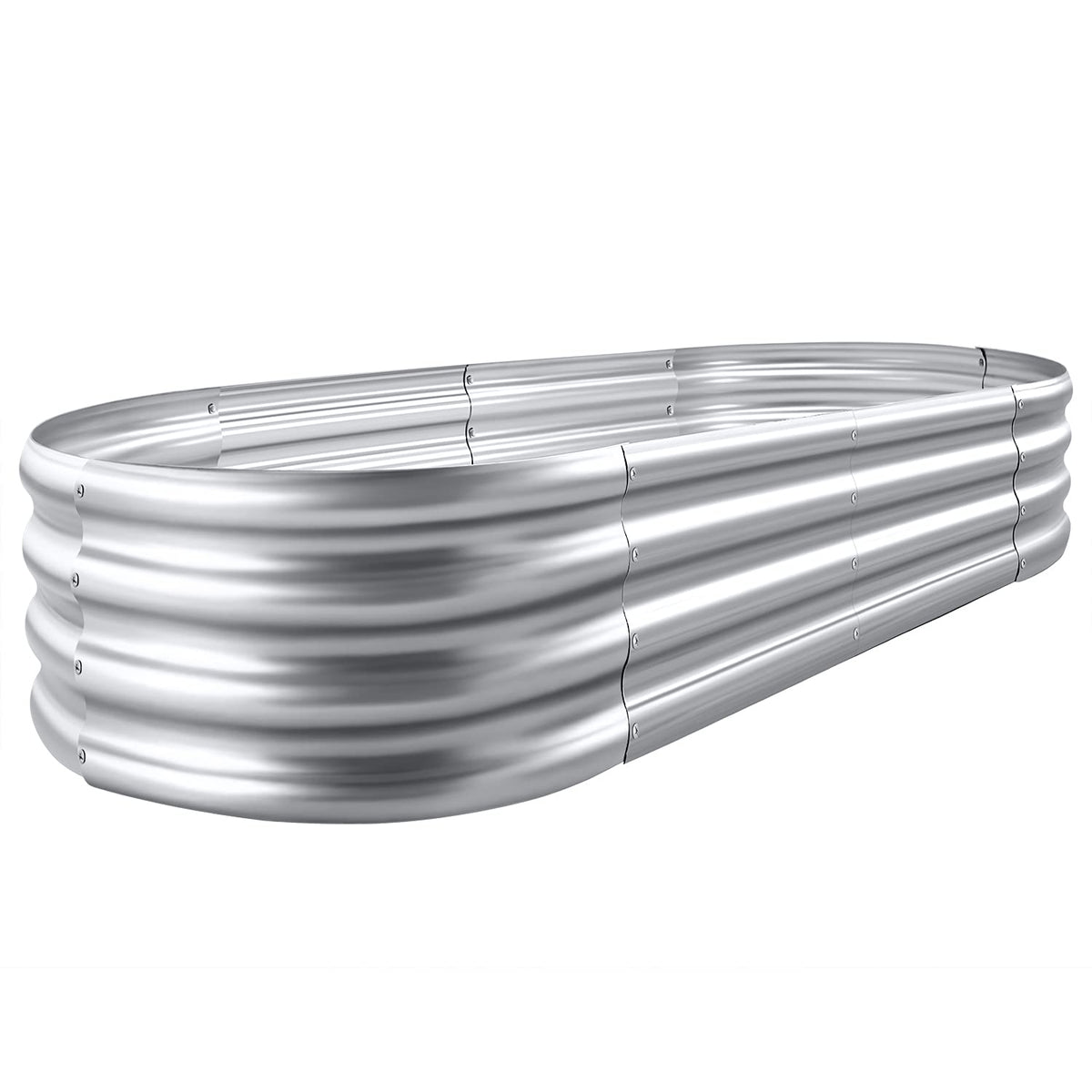 Land Guard front view of oval galvanized raised garden bed showing clean modern finish and durability