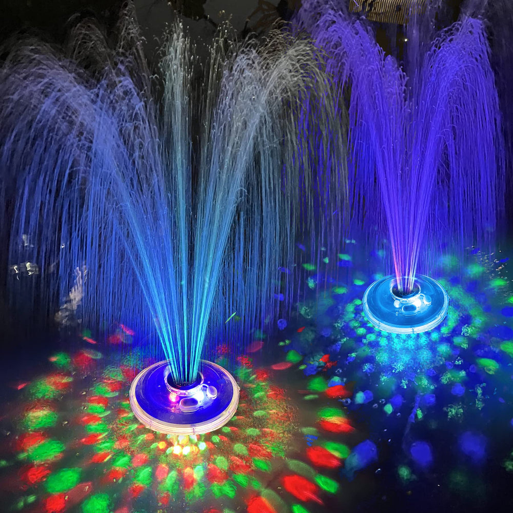 LanPool front view of floating fountain showing colorful lights and spray, adds evening ambiance