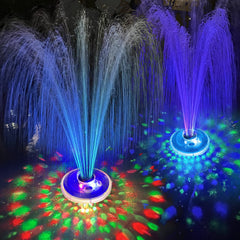 LanPool front view of floating fountain showing colorful lights and spray, adds evening ambiance