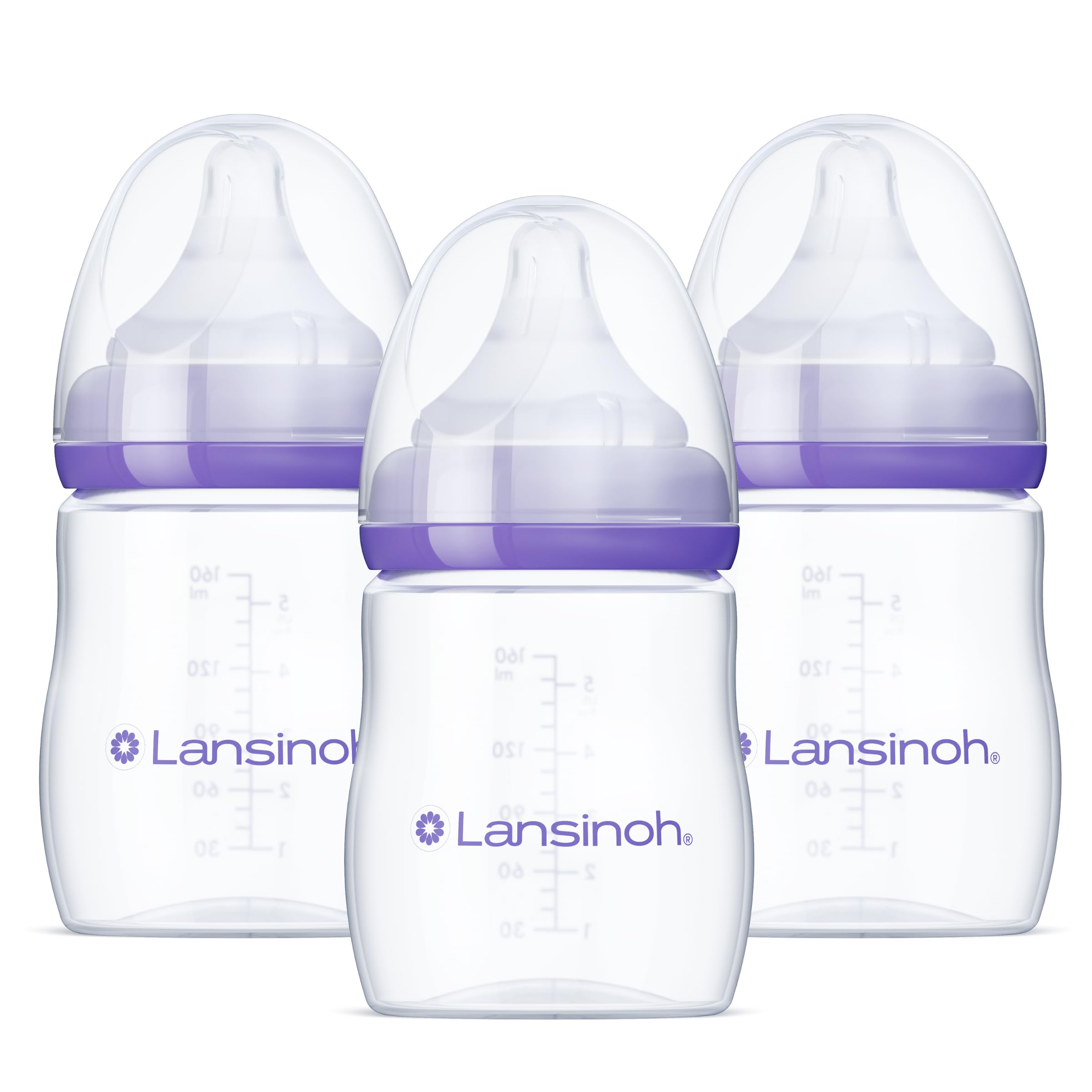Lansinoh frente pack tres biberones mostrando diseño y capacidad