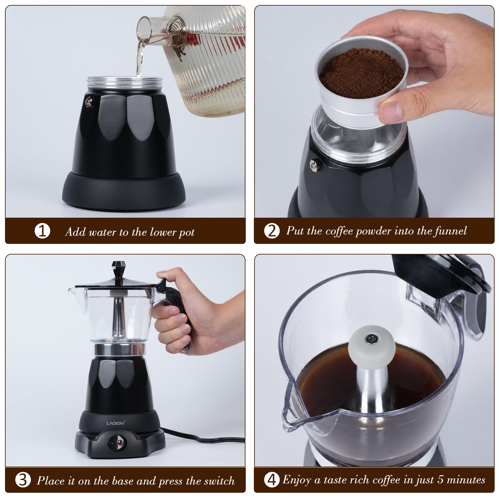 LAOION vertiendo espresso concentrado en taza demostrando facilidad de uso