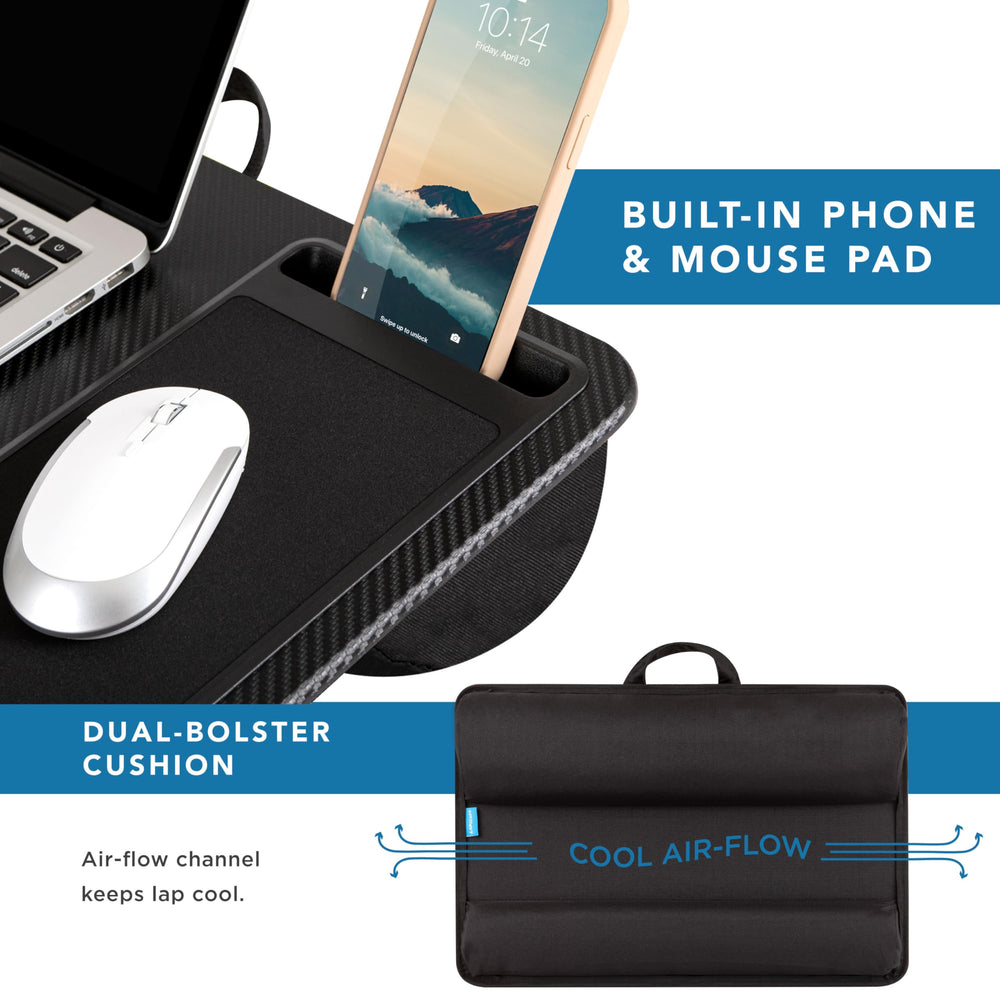 Primer plano de la ranura para teléfono LapGear Home Office Pro facilitando videollamadas