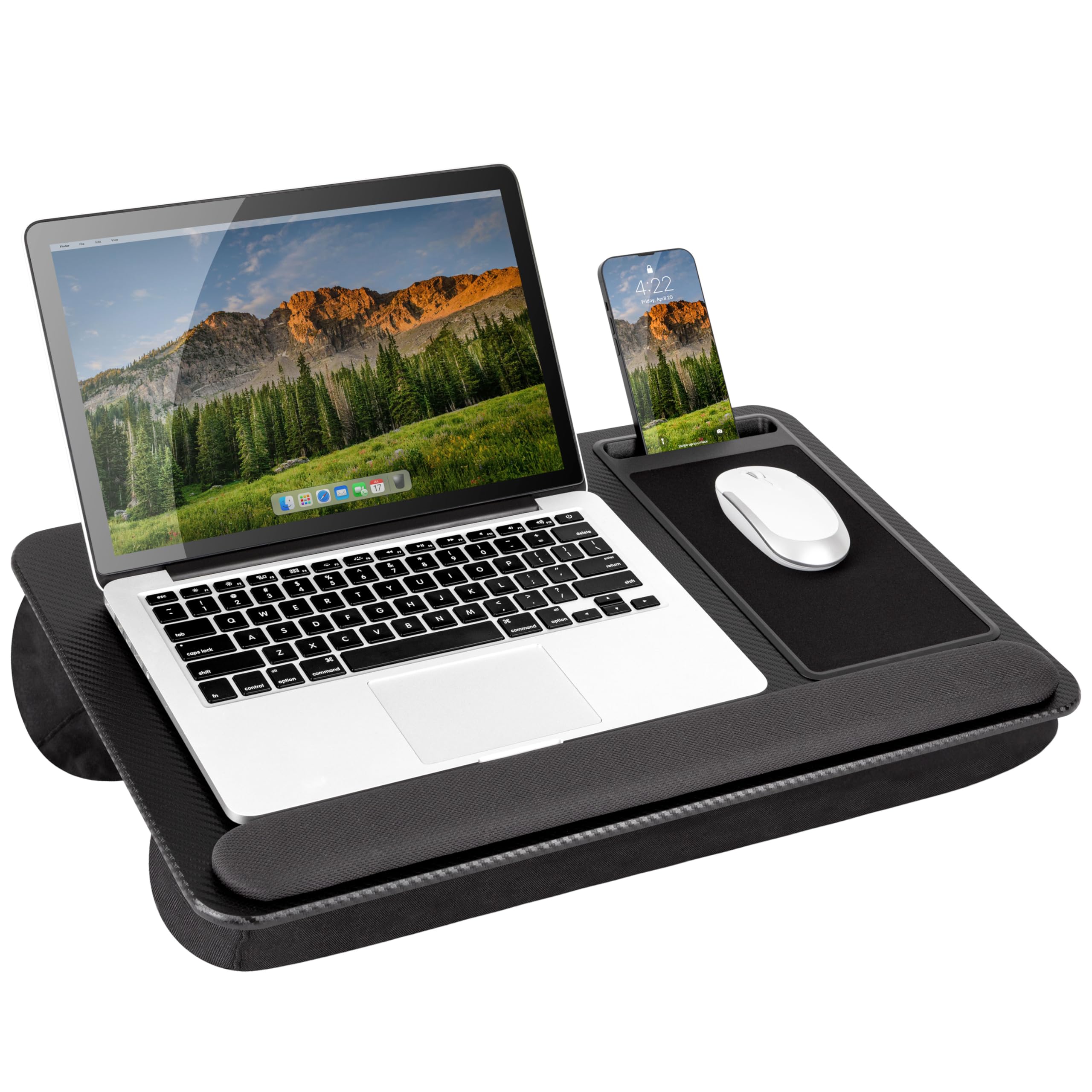 LapGear Home Office Pro frontal mostrando superficie negra carbono, estabilidad para laptop