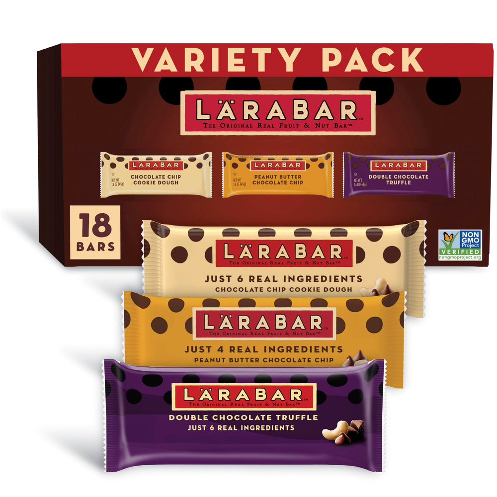 LÄRABAR vista frontal del pack variedad mostrando barras y caja, conveniencia inmediata
