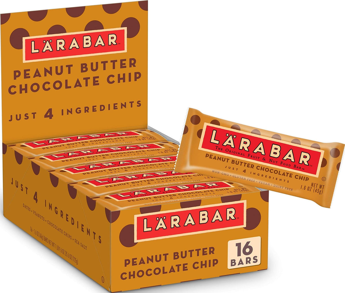 LÄRABAR empaque frontal mostrando 16 barras y beneficio de snack práctico