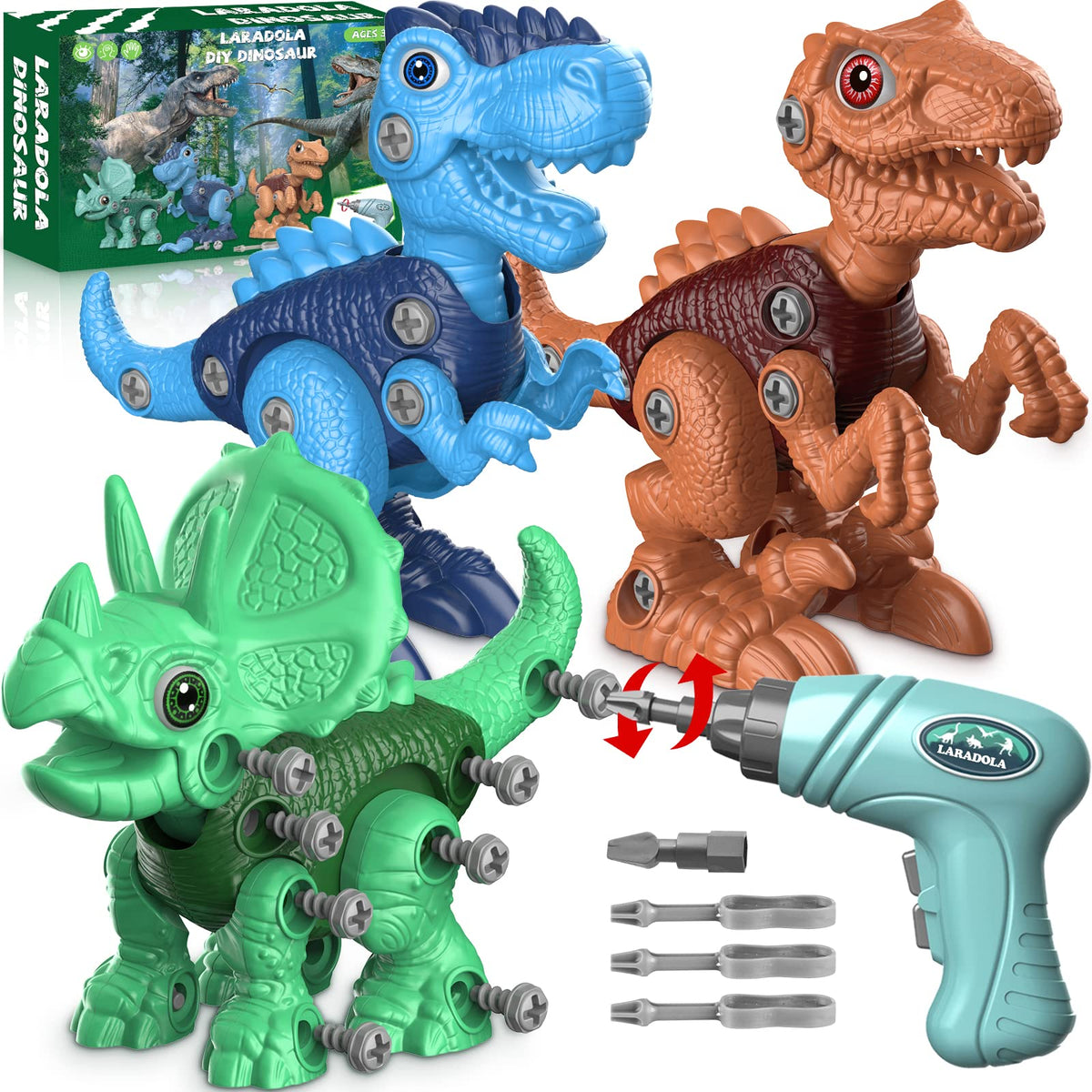 Laradola frontal del empaque con set de dinosaurios listo para regalo, muestra contenido