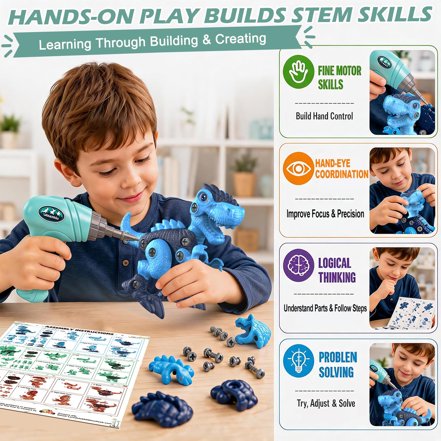 Laradola T-Rex azul montado en juego, fomenta creatividad y horas de concentración