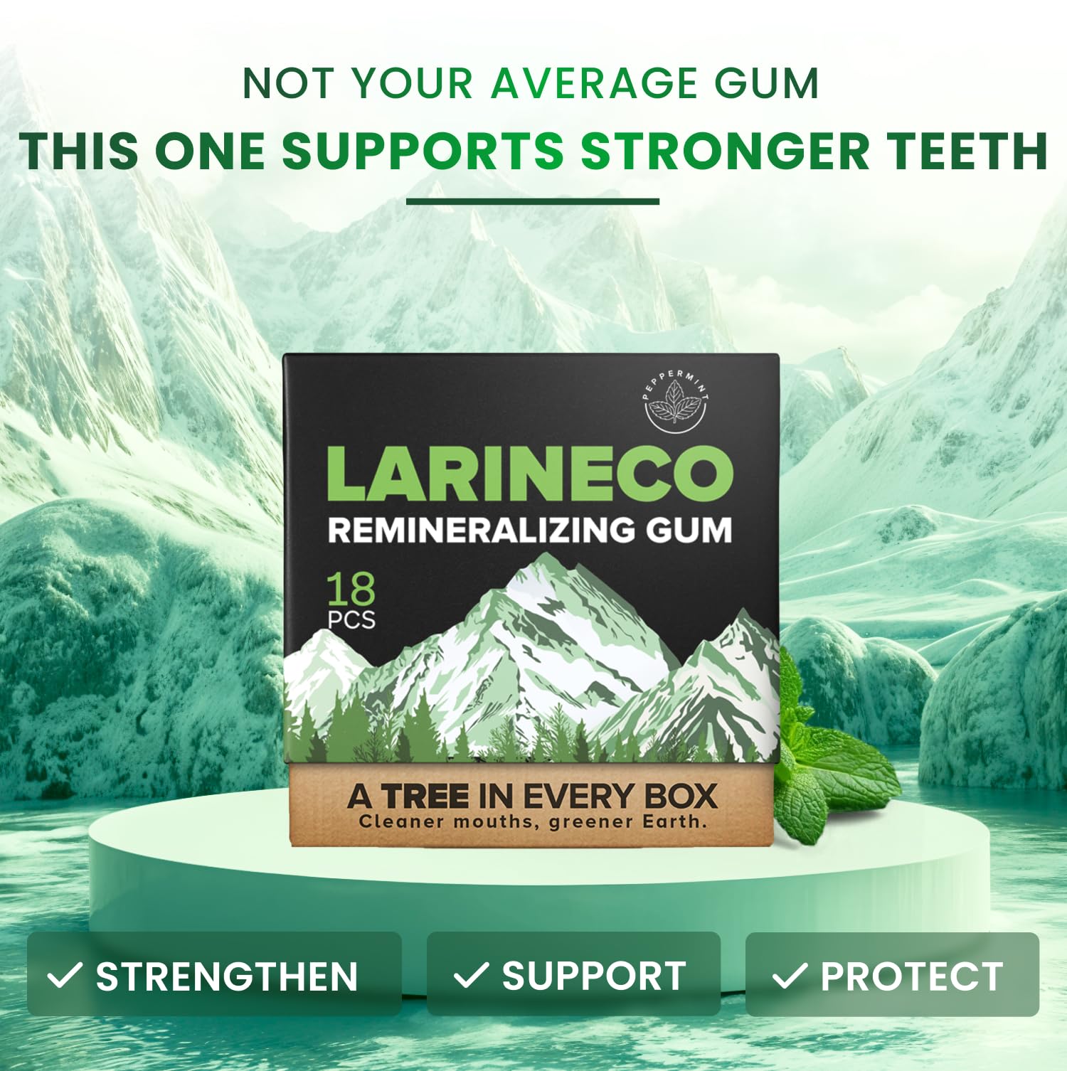 Larine co primer plano de textura del chicle destacando base biodegradable