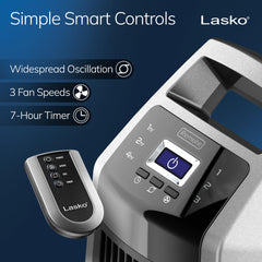 Lasko control remoto en mano permite ajustar velocidad y temporizador cómodamente