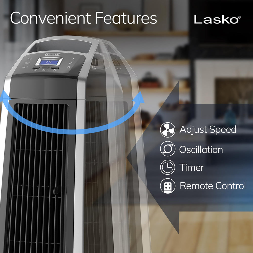 Lasko perfil delgado en habitación ahorro de espacio y flujo de aire mayor