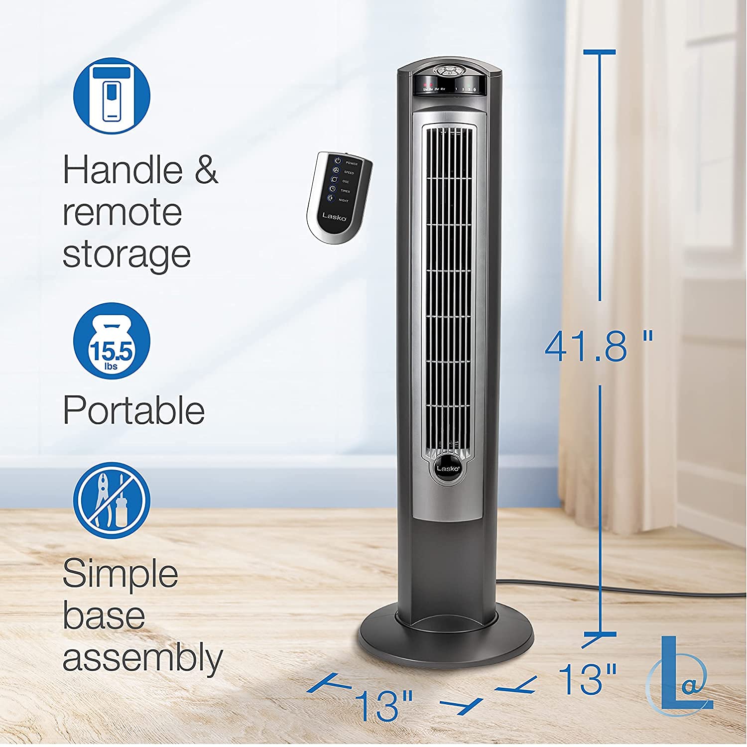Lasko ventilador junto a persona para comparar tamaño y cobertura efectiva