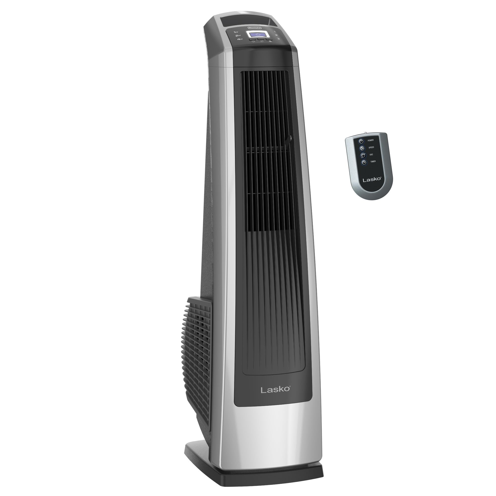 Lasko ventilador torre frontal plata negro mostrando diseño compacto y potente