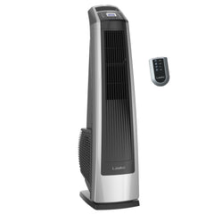 Lasko ventilador torre frontal plata negro mostrando diseño compacto y potente