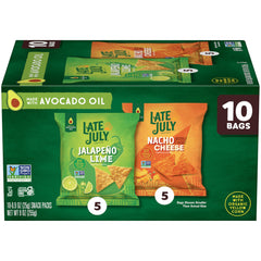 Late July vista frontal del empaque mostrando los dos sabores y conveniencia