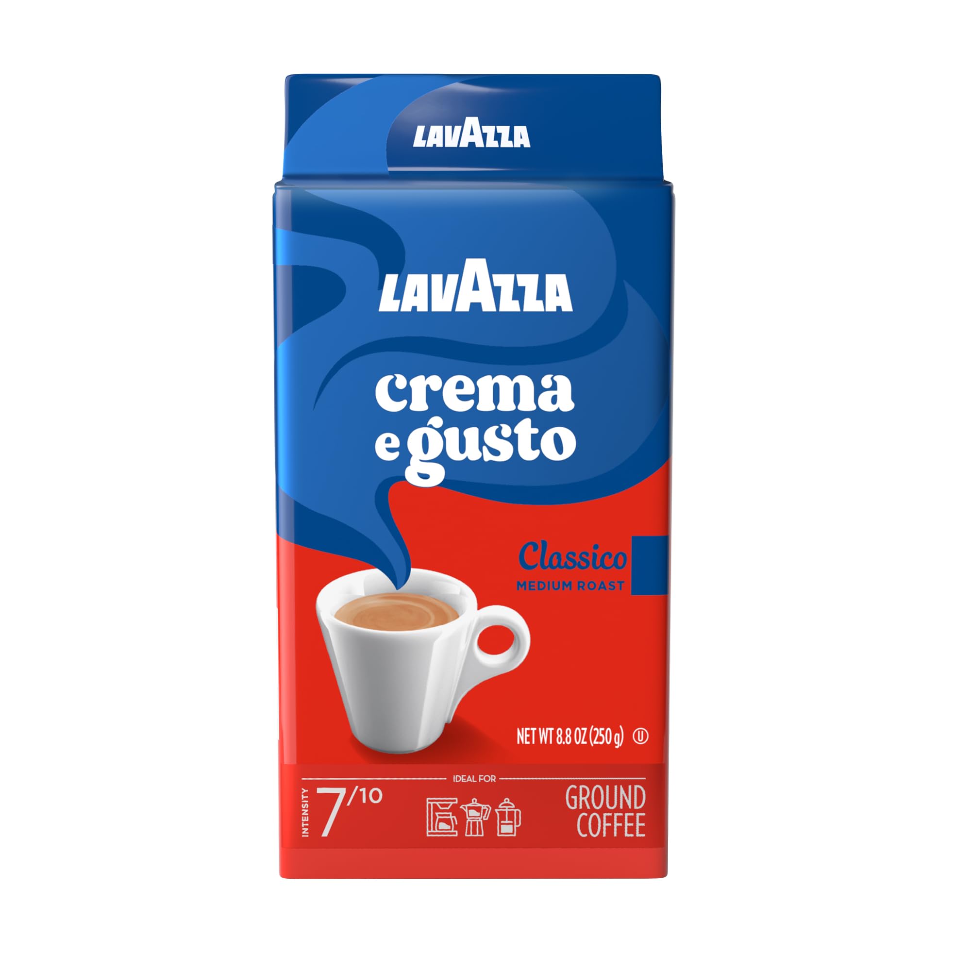 Lavazza Crema e Gusto frente del ladrillo mostrando el empaque y frescura