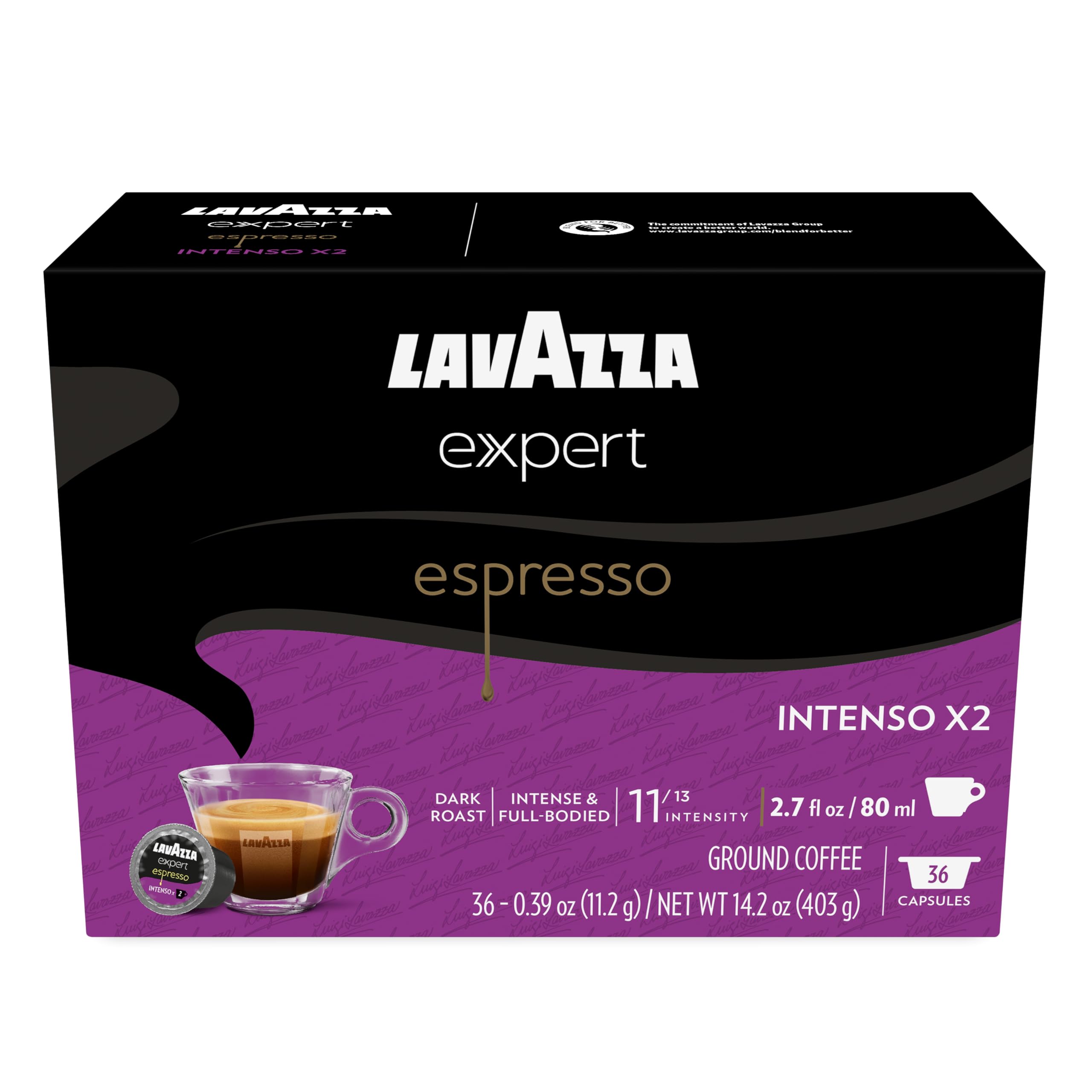 Lavazza empaque frontal mostrando 36 cápsulas y diseño claro