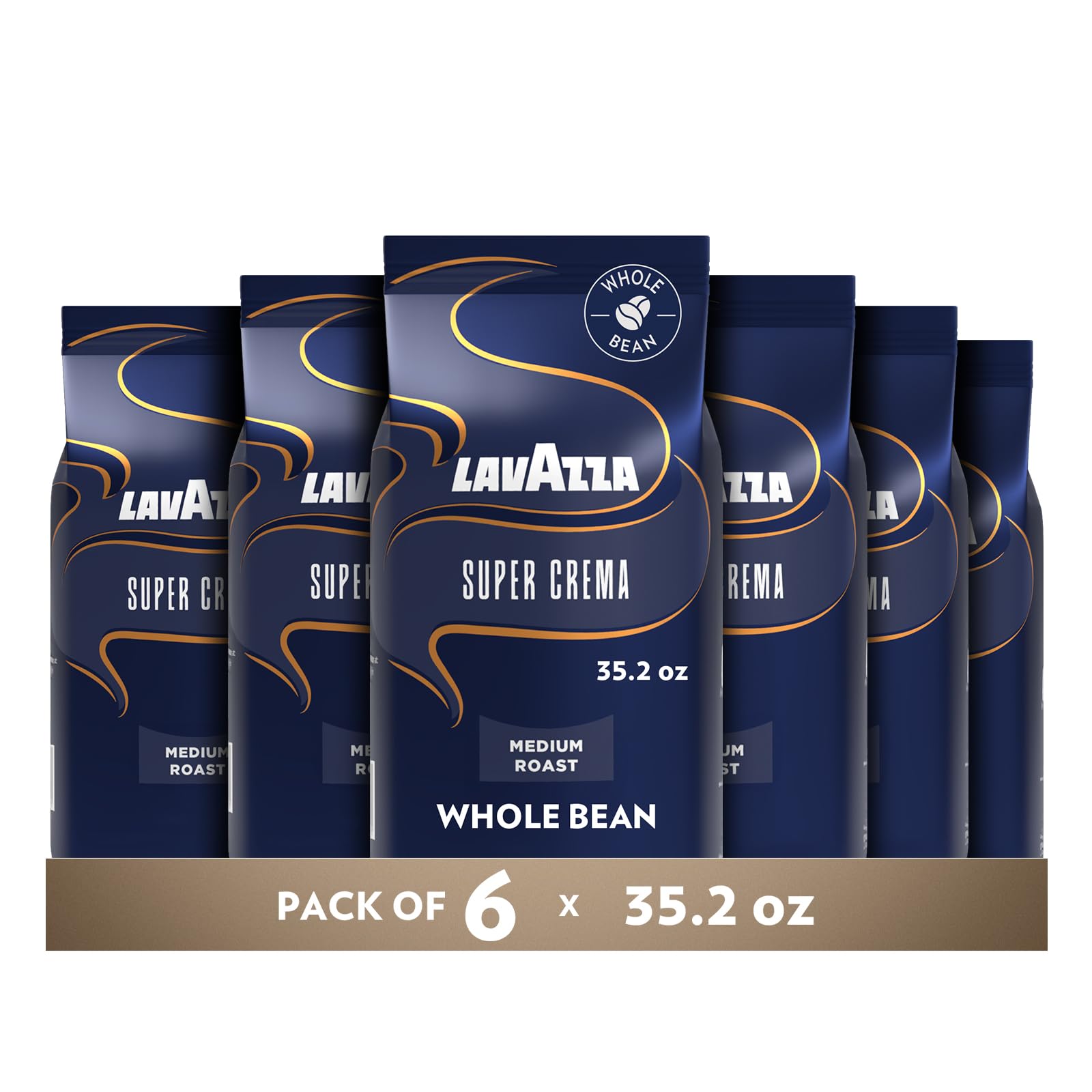 Lavazza Super Crema frente del empaque mostrando 2.2 lb y beneficio de conservación