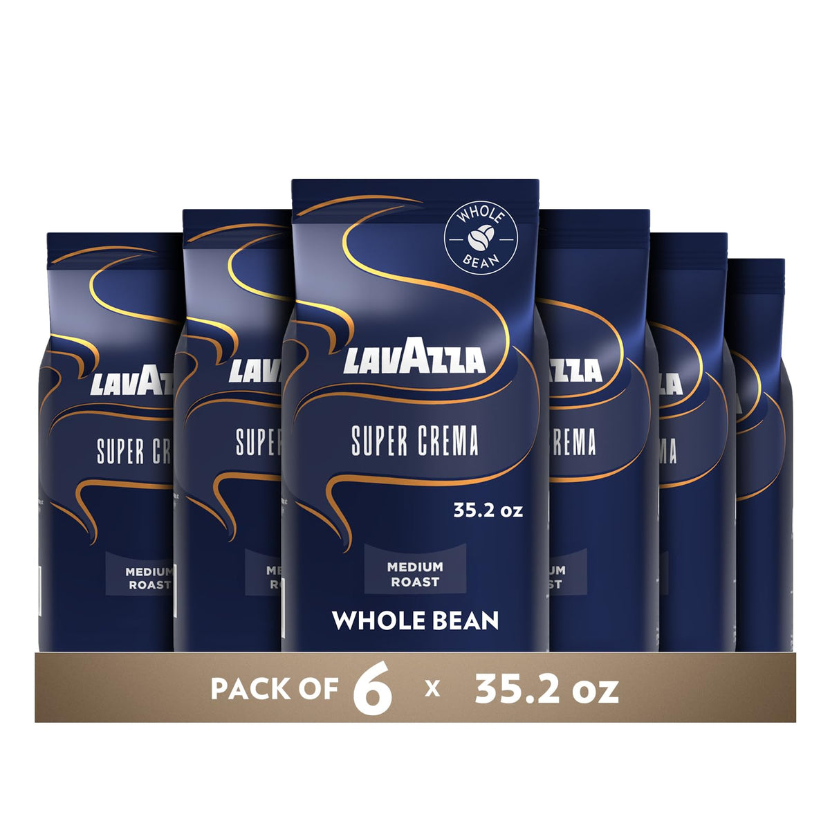 Lavazza Super Crema frente del empaque mostrando 2.2 lb y beneficio de conservación