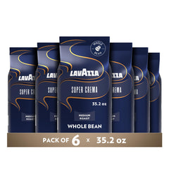 Lavazza Super Crema frente del empaque mostrando 2.2 lb y beneficio de conservación