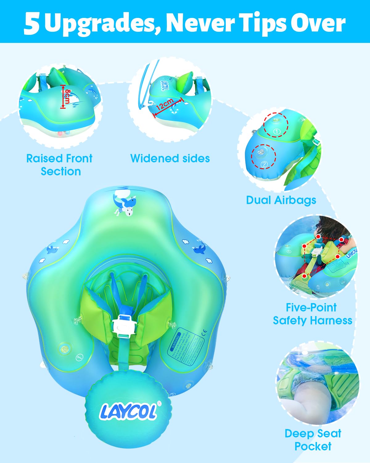 LAYCOL bebé usando el flotador en piscina con sujeción segura visible