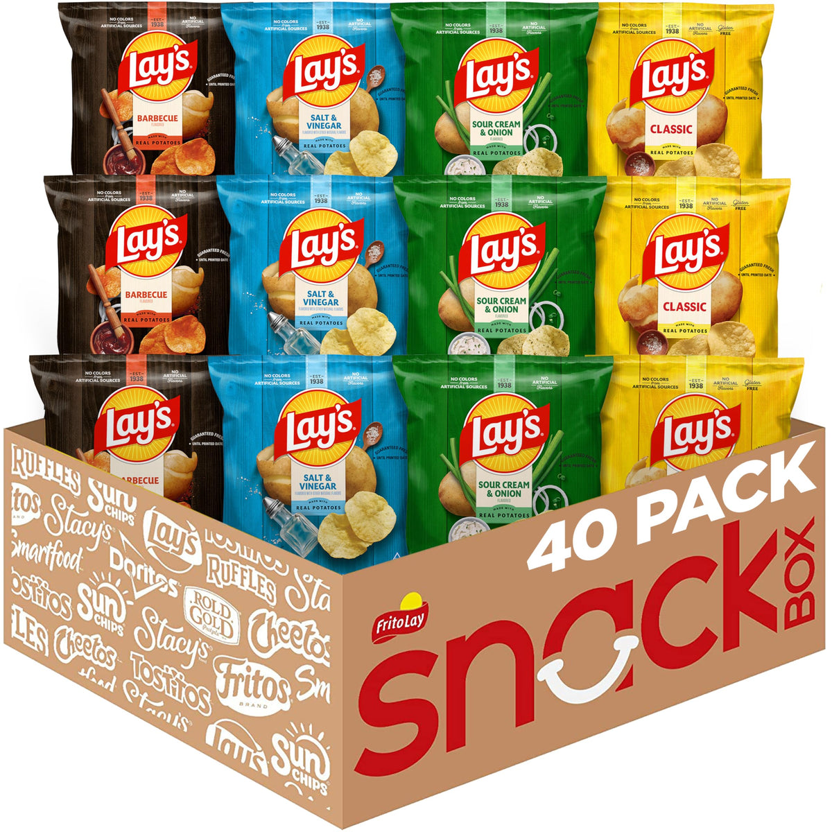 Lay's front packaging showing four-flavor 40 pack and convenience