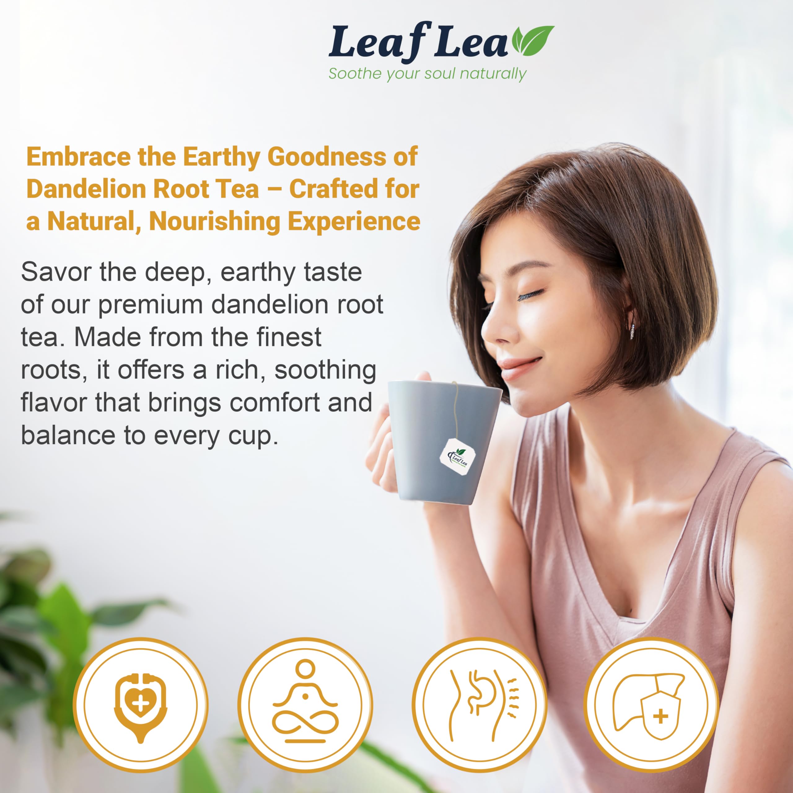 LeafLea taza humeante servida, bebida reconfortante sin cafeína