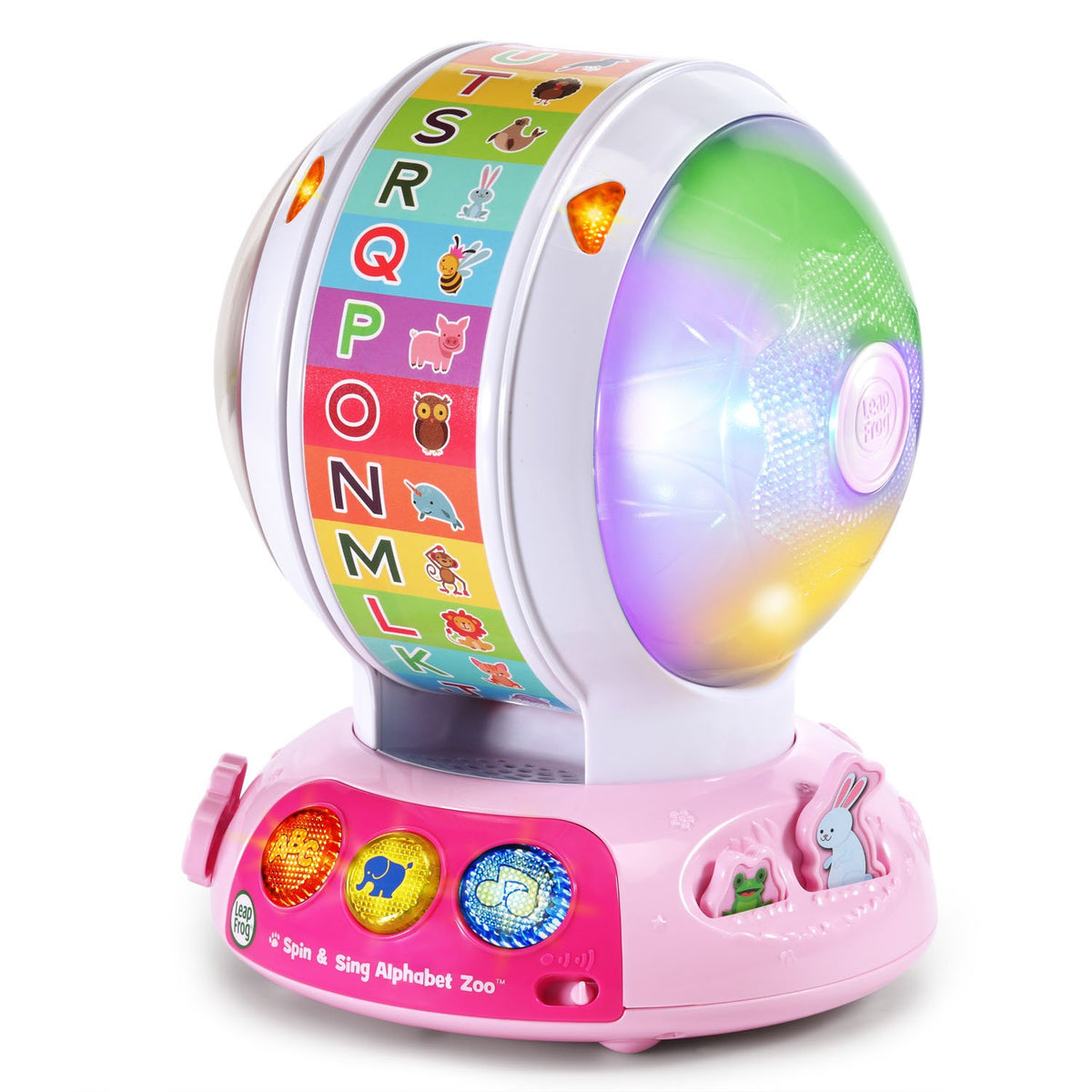 LeapFrog frontal de la pelota Alphabet Zoo rosa mostrando botones iluminados y cara amigable