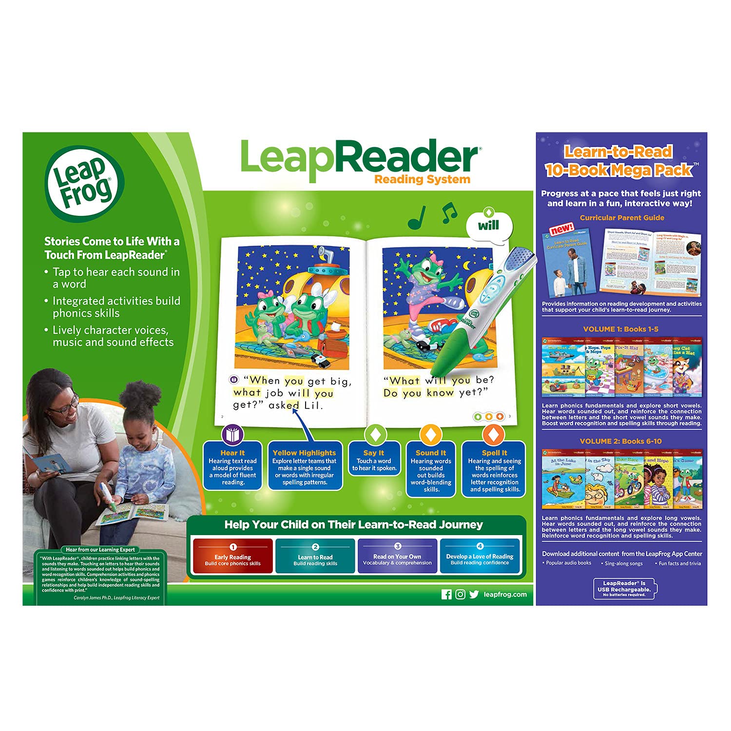 LeapFrog familia leyendo con LeapReader fomentando hábito lector en casa