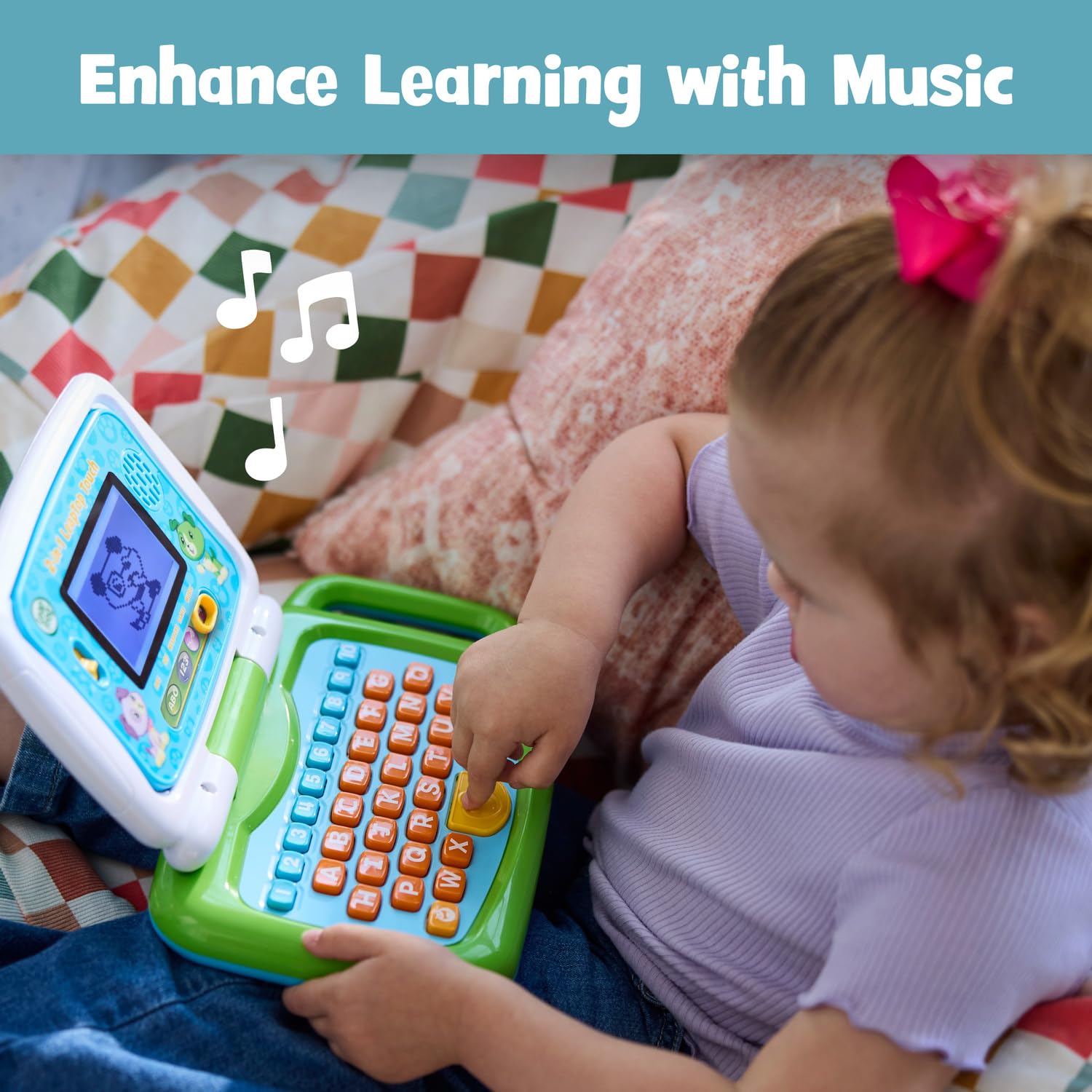 LeapFrog niño tocando la pantalla en modo tablet, promueve interacción táctil