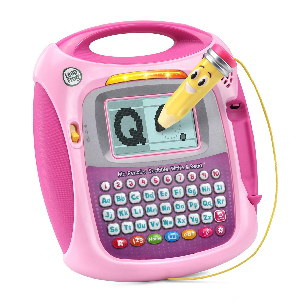 LeapFrog paquete frontal del juguete Mr. Pencil en rosa mostrando la caja y beneficios