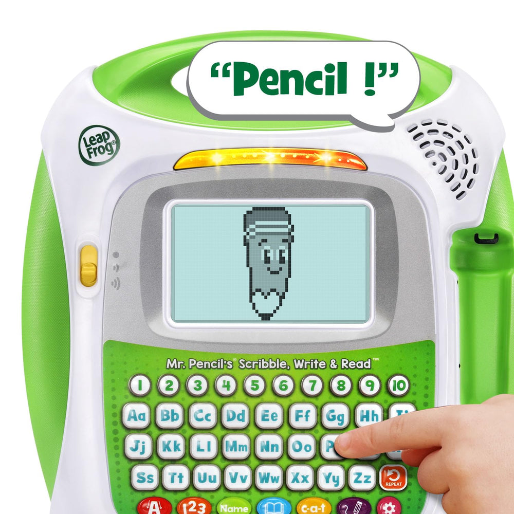 LeapFrog pantalla con líneas punteadas mientras un niño traza letras